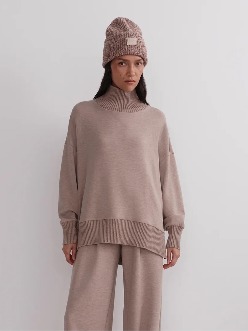Varley DoubleSoft Barker Sweatshirt Womens L Taupe Mark High Neck Oversized